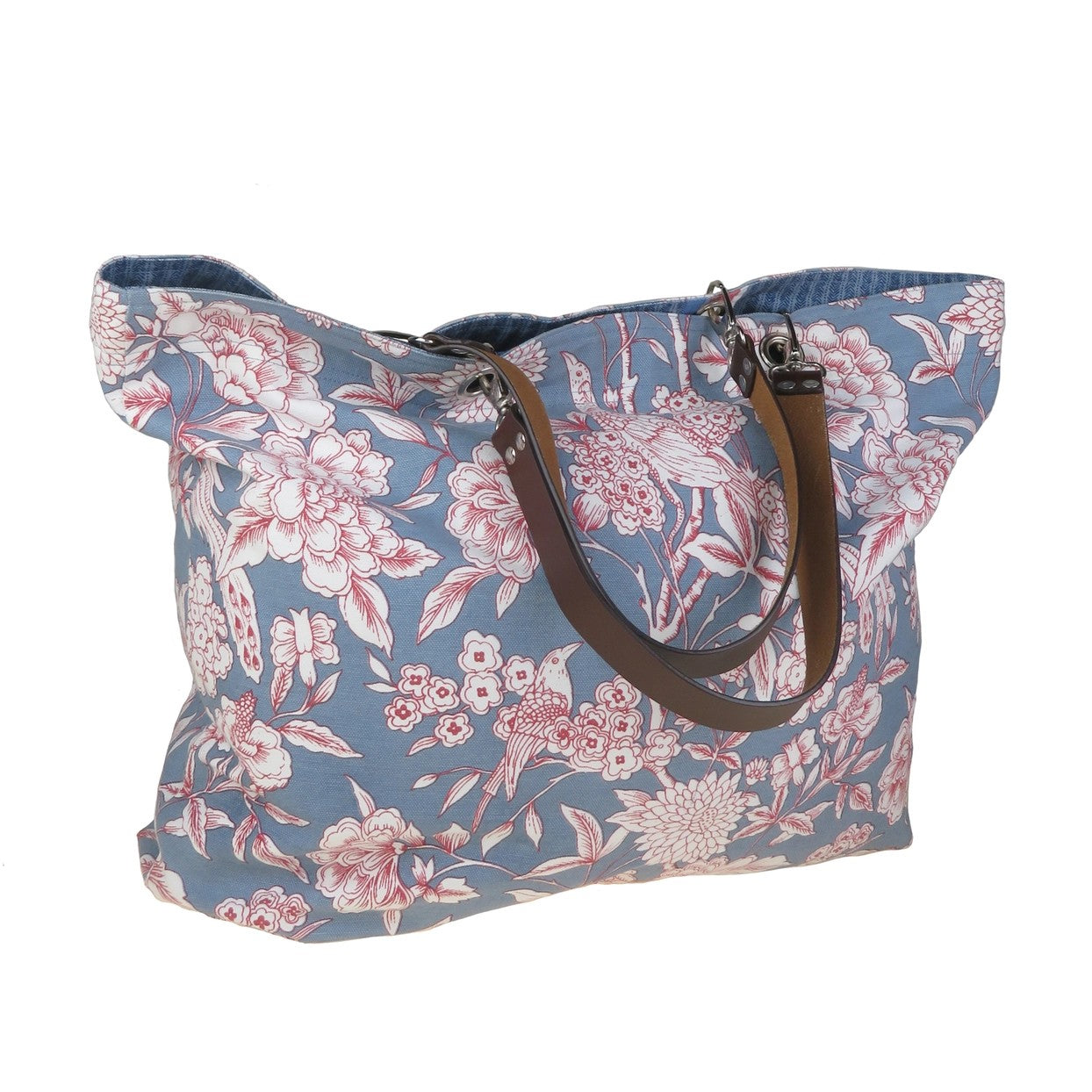 Blue Heritage Birds and Foliage, Large Reversible Cotton Canvas Bag