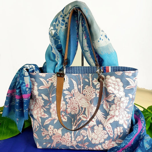 Blue Heritage Birds and Foliage, Large Reversible Cotton Canvas Bag