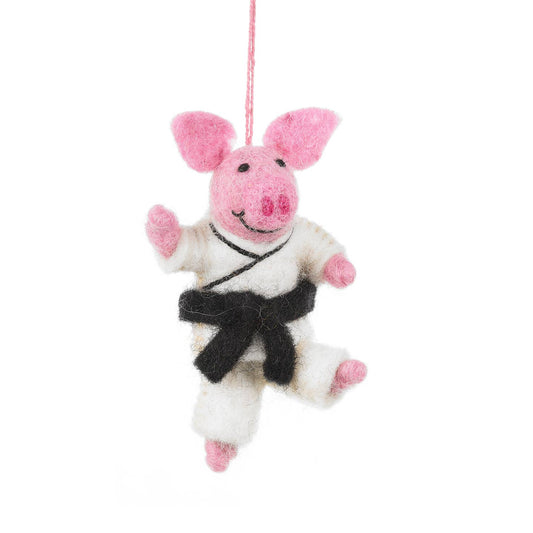 Handmade Pork Chop Karate Pig Felt Ornament