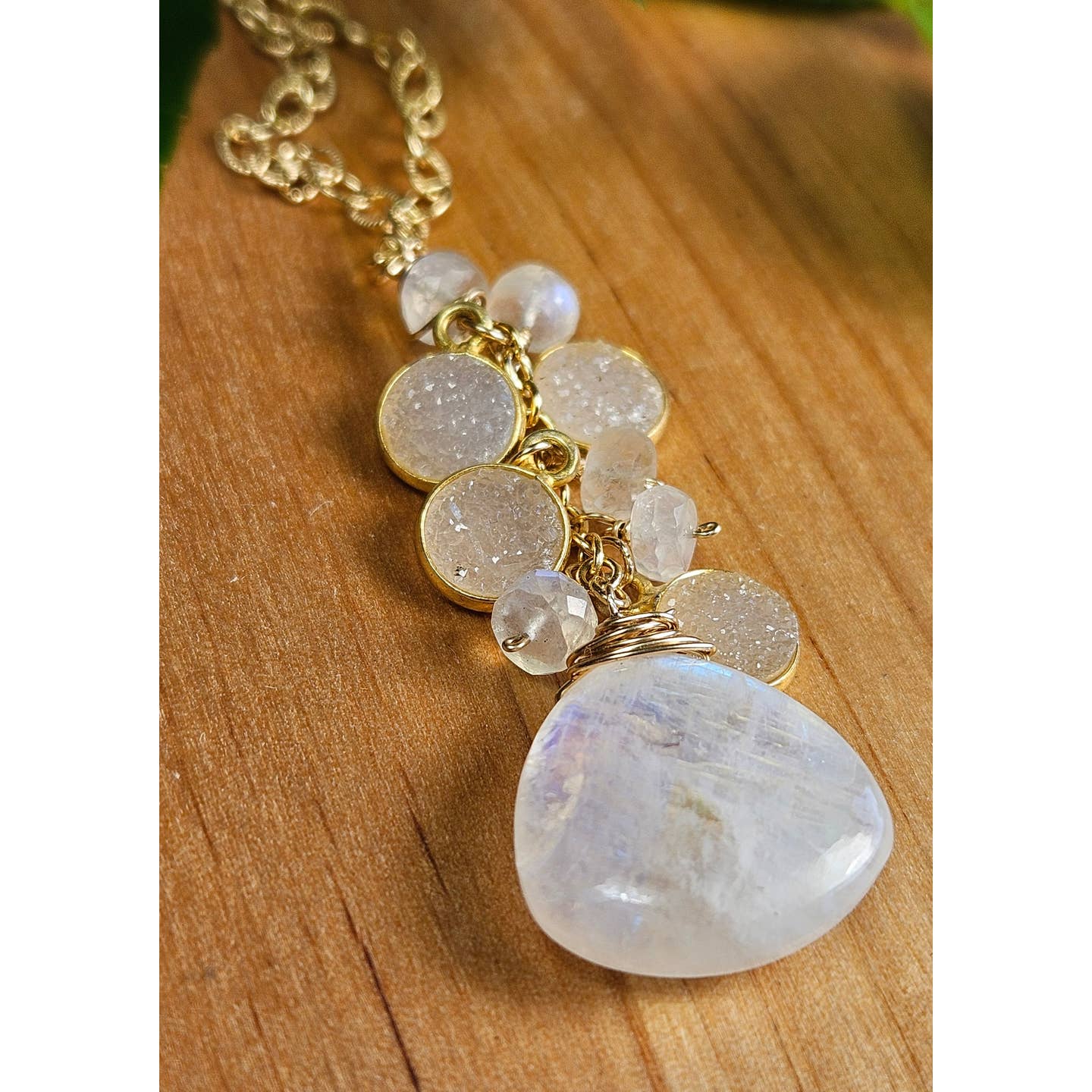 Rainbow Moonstone and Druzy Agate Necklace