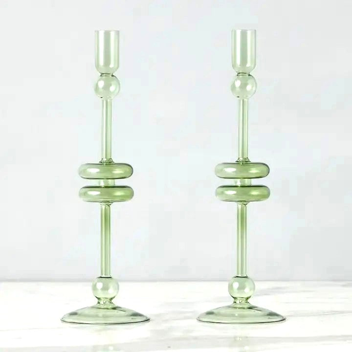 Sage Glass Candlestick, Medium Set of 2