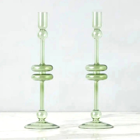 Sage Glass Candlestick, Medium Set of 2