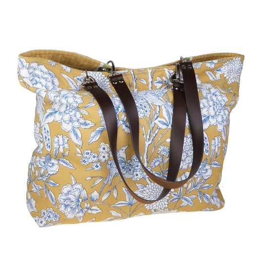 Yellow Heritage Birds and Foliage, Large Reversible Cotton Canvas Bag