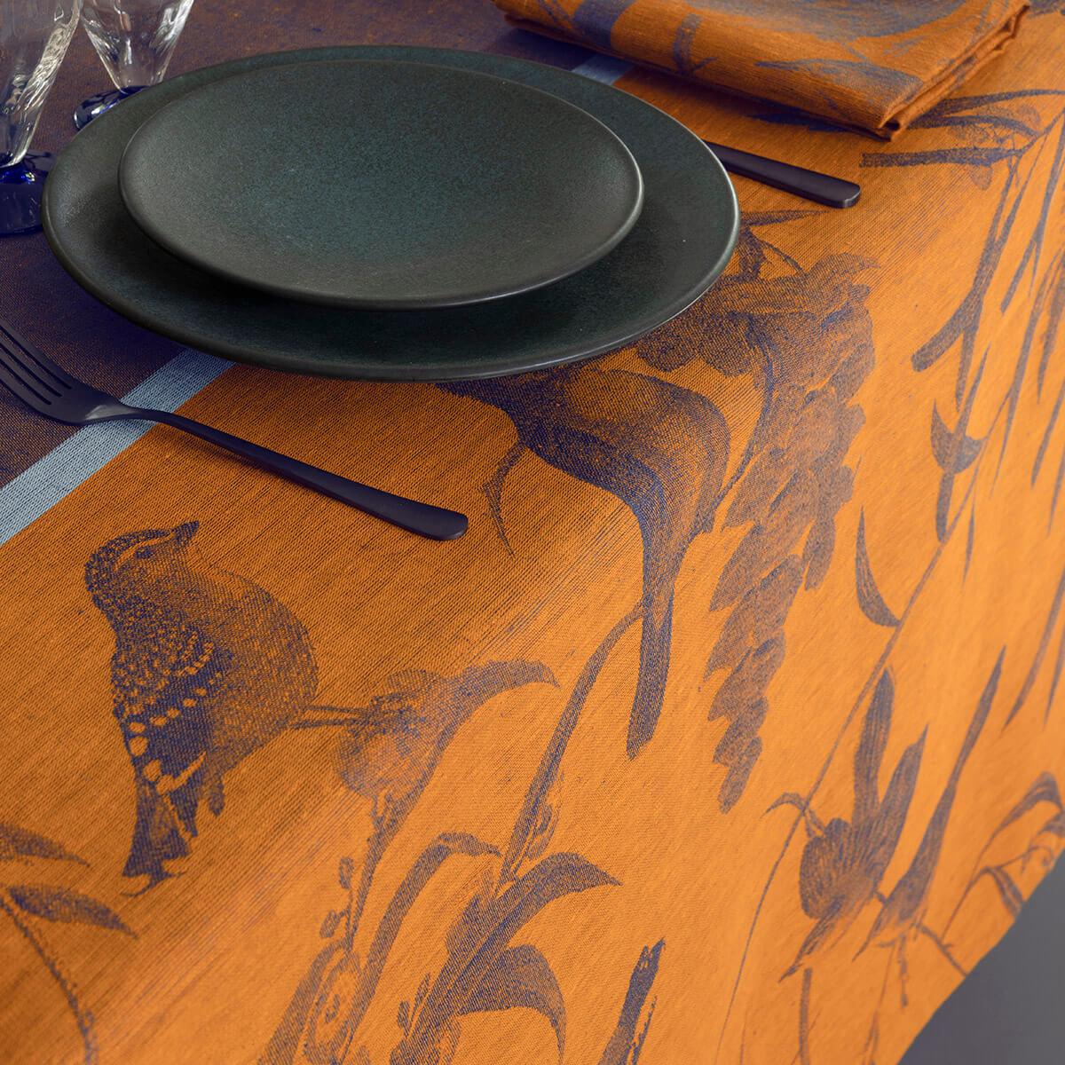 Voliere LINEN Tablecloth Orange/Blue, 69 x 98 - SALE!