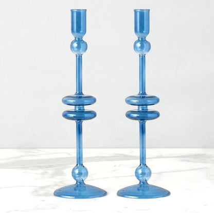 Sapphire Glass Candlestick, Large Set of 2