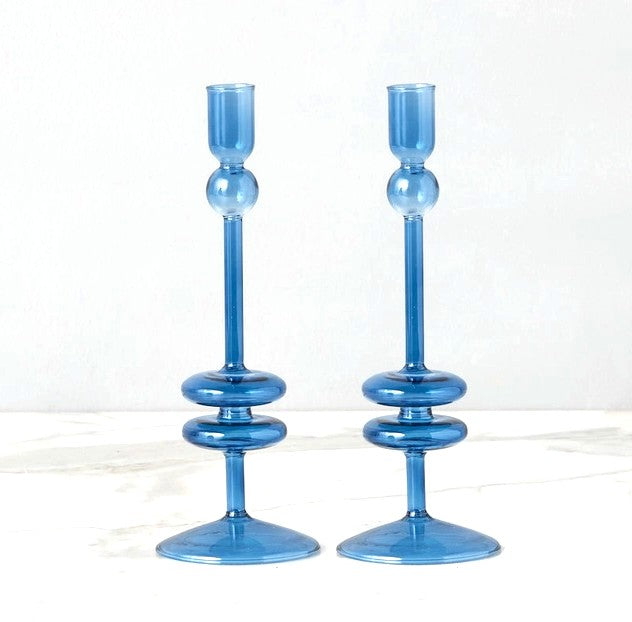 Sapphire Glass Candlestick Medium, Set of 2