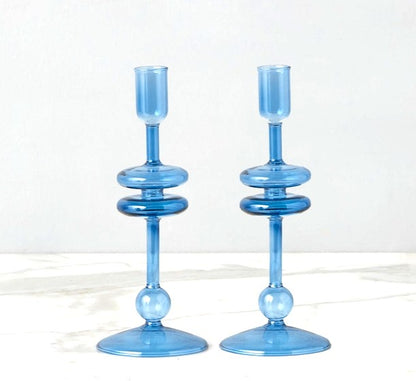 Sapphire Glass Candlestick, Small Set of 2