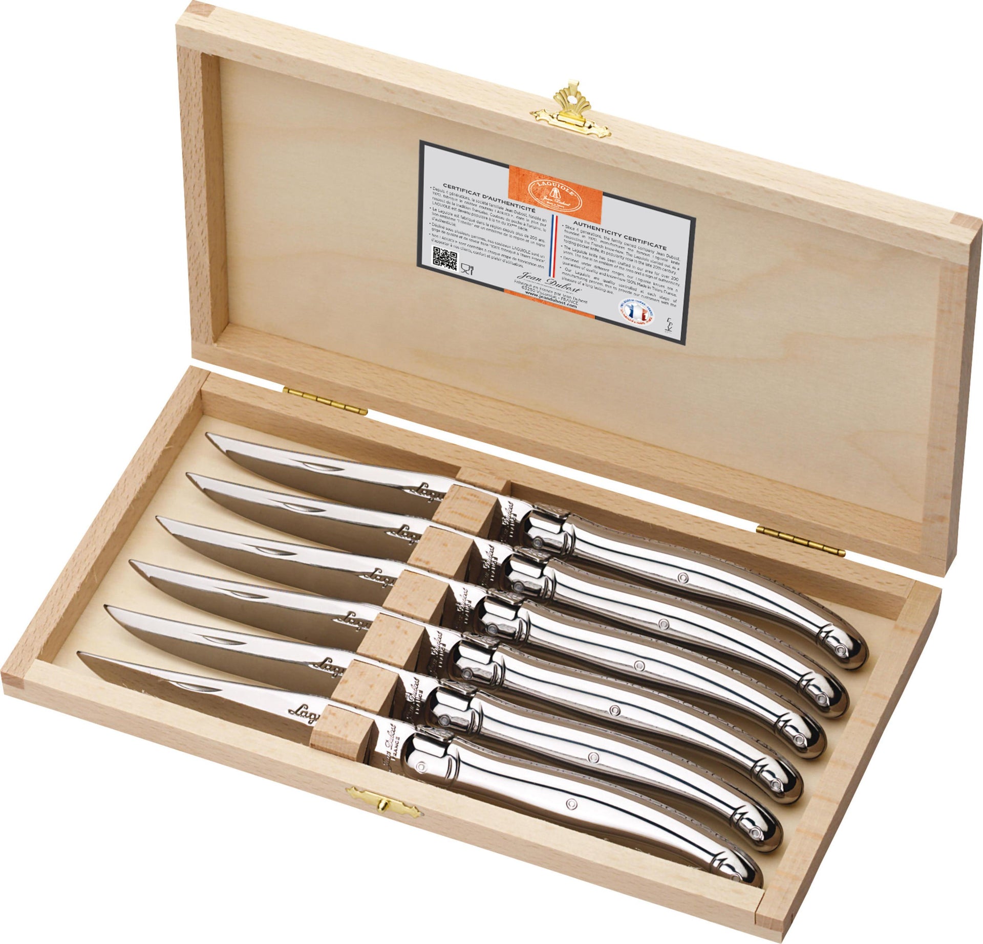 Laguiole Jean Dubost 6 Steak Knives with White Handles in Black Tray